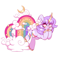 Size: 894x894 | Tagged: safe, artist:miioko, imported from derpibooru, oc, oc only, pony, unicorn, cloud, crescent moon, horn, moon, rainbow, simple background, solo, starry eyes, transparent background, unicorn oc, unshorn fetlocks, wingding eyes