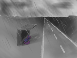 Size: 4000x3000 | Tagged: safe, artist:pholed, imported from derpibooru, oc, bus stop, cloud, grayscale, lying down, monochrome, rain, road, sad