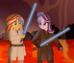 Size: 1024x879 | Tagged: safe, artist:emeraldblast63, imported from derpibooru, starlight glimmer, sunset shimmer, equestria girls, anakin skywalker, crossover, jedi, lava, lightsaber, mustafar, obi wan kenobi, sith, star wars, star wars: revenge of the sith, weapon