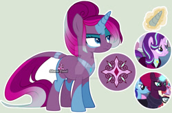 Size: 1024x670 | Tagged: safe, artist:mint-light, artist:stormcloud-yt, imported from derpibooru, starlight glimmer, tempest shadow, oc, pony, base used, clothes, female, frown, glowing, glowing horn, horn, magical lesbian spawn, mare, offspring, parent:starlight glimmer, parent:tempest shadow, parents:tempestglimmer, peytral