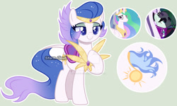 Size: 1024x616 | Tagged: safe, artist:stormcloud-yt, imported from derpibooru, coloratura, princess celestia, oc, alicorn, earth pony, pegasus, pony, base used, clothes, countess coloratura, crack ship offspring, ethereal mane, female, hoof on chest, magical lesbian spawn, mare, offspring, parent:coloratura, parent:princess celestia, pegasus oc, raised hoof, screencap reference, smiling, starry mane, wings