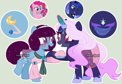 Size: 1024x710 | Tagged: safe, artist:stormcloud-yt, imported from derpibooru, pinkie pie, princess luna, oc, alicorn, earth pony, pegasus, pony, unicorn, base used, colored wings, ethereal mane, female, holding hooves, magical lesbian spawn, mare, offspring, parent:pinkie pie, parent:princess luna, parents:lunapie, screencap reference, smiling, starry mane, two toned wings, wings