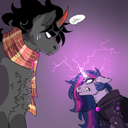 Size: 3000x3000 | Tagged: safe, artist:gingygin, imported from derpibooru, king sombra, twilight sparkle, pony, unicorn, alternate universe, angry, broken horn, chest fluff, clothes, female, height difference, horn, looking at each other, looking at someone, male, mare, role reversal, scarf, sweat, unicorn twilight