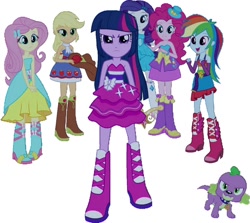 Size: 826x738 | Tagged: safe, artist:pascalmulokozi2, edit, imported from derpibooru, screencap, applejack, fluttershy, pinkie pie, rainbow dash, rarity, sci-twi, spike, twilight sparkle, dog, equestria girls, background removed, boots, clothes, dress, fall formal outfits, high heel boots, humane five, humane six, shoes, simple background, solo, spike the dog, white background