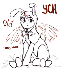 Size: 1840x2167 | Tagged: safe, artist:karamboll, imported from derpibooru, earth pony, pegasus, pony, unicorn, advertisement, animal costume, bunny costume, bunny ears, clothes, commission, costume, easter, egg, female, holiday, looking at you, male, ribbon, sitting, sketch, smiling, solo, spread wings, wings, ych example, your character here