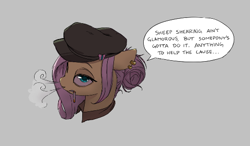 Size: 520x303 | Tagged: safe, fluttershy, pony, aggie.io, alternate mane style, cigarette, ear piercing, earring, female, hat, jewelry, lowres, mare, piercing, simple background, smoking, talking, talking to viewer