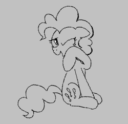 Size: 299x290 | Tagged: safe, artist:algoatall, pinkie pie, earth pony, pony, aggie.io, crying, female, lowres, mare, monochrome, one eye closed, open mouth, raised hoof, simple background, sitting, smiling