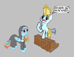 Size: 302x235 | Tagged: safe, rainbow dash, pegasus, pony, aggie.io, basket, clothes, frown, lowres, mouth hold, nun, open mouth, simple background, talking