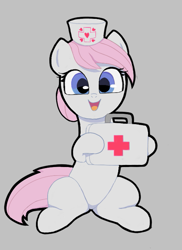 Size: 531x729 | Tagged: safe, artist:poncarnal, nurse redheart, earth pony, pony, aggie.io, briefcase, female, hat, mare, open mouth, simple background, sitting, smiling