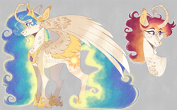 Size: 1280x801 | Tagged: safe, artist:wanderingpegasus, imported from derpibooru, princess celestia, celestia's crown, clothes, colored wings, curved horn, freckles, horn, jewelry, large wings, multicolored mane, multicolored tail, multicolored wings, neck fluff, necklace, orange mane, shoes, sun, tail, wavy mane, wavy tail, wings