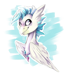 Size: 858x939 | Tagged: safe, artist:pprinceran, imported from derpibooru, terramar, classical hippogriff, hippogriff, beak, blue mane, bust, doodle, feather, jewelry, male, necklace, signature, simple background, smiling, solo, transparent background, wings