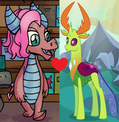 Size: 636x650 | Tagged: safe, edit, edited screencap, idw, imported from derpibooru, screencap, mina, thorax, changedling, changeling, dragon, season 6, to where and back again, spoiler:comicff14, cropped, dragoness, female, heart, interspecies, king thorax, male, minarax, shipping, shipping domino, straight