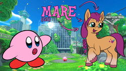 Size: 1920x1080 | Tagged: safe, artist:wapamario63, imported from ponybooru, sunny starscout, earth pony, pony, cute, female, g5, kirby, kirby (character), kirby and the forgotten land, looking back, mare, pointing, solo