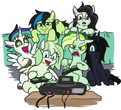 Size: 792x719 | Tagged: safe, artist:jargon scott, imported from derpibooru, oc, oc only, oc:anonkrieg, oc:anonogee, oc:anonzala, oc:gaia, oc:nyxanon, oc:okie dokey loki, alicorn, hybrid, pegasus, pony, unicorn, zony, black sclera, controller, couch, female, filly, foal, freckles, frown, game console, hair over one eye, half-siblings, half-sisters, hoof hold, magical lesbian spawn, multiple parents, offspring, open mouth, open smile, parent:oc:apogee, parent:oc:dyx, parent:oc:filly anon, parent:oc:luftkrieg, parent:oc:nyx, parent:oc:zala, parents:oc x oc, sega genesis, sharp teeth, siblings, simple background, sisters, slit pupils, smiling, teeth, television, white background, wingding eyes, yellow sclera