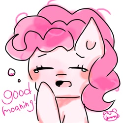 Size: 768x768 | Tagged: safe, artist:oekakikumao, imported from derpibooru, pinkie pie, earth pony, pony, crying, eyes closed, female, good morning, mare, open mouth, simple background, solo, teary eyes, white background