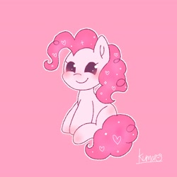 Size: 2048x2048 | Tagged: safe, artist:oekakikumao, imported from derpibooru, pinkie pie, earth pony, pony, female, heart, mare, pink background, simple background, sitting, smiling, solo