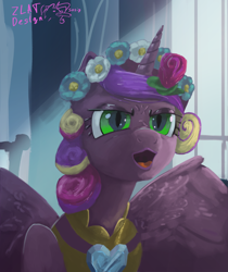 Size: 3635x4320 | Tagged: safe, artist:zlatdesign, imported from derpibooru, princess cadance, queen chrysalis, alicorn, changeling, changeling queen, bread, canterlot wedding 10th anniversary, crystal heart, disguise, disguised changeling, female, flower, flower in hair, food, glowing, glowing eyes, pog, rose, royal wedding, solo, wings