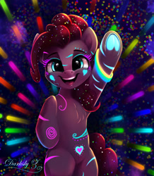 Size: 1772x2029 | Tagged: safe, artist:darksly, imported from derpibooru, pinkie pie, earth pony, pony, black light, body pillow, body pillow design, bodypaint, bracelet, confetti, cute, diapinkes, female, glow in the dark, glowstick, jewelry, mare, open mouth, rave, solo