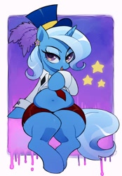 Size: 870x1250 | Tagged: safe, artist:toroitimu, imported from derpibooru, trixie, pony, unicorn, adorasexy, belly, belly button, chubby, clothes, cute, ear piercing, female, hat, magician outfit, mare, necktie, open mouth, piercing, sexy, shirt, skirt, solo, stars, top hat
