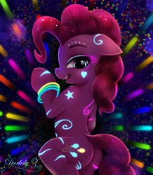 Size: 1772x2029 | Tagged: safe, artist:darksly, imported from derpibooru, pinkie pie, earth pony, pony, balloon, balloonbutt, bedroom eyes, black light, body pillow, body pillow design, bodypaint, bracelet, butt, confetti, cute, diapinkes, female, glow in the dark, glowstick, jewelry, mare, neon, open mouth, plot, rave, solo