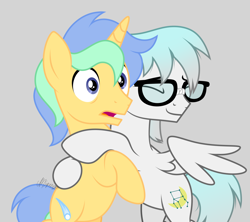 Size: 2202x1954 | Tagged: safe, artist:feather_bloom, imported from derpibooru, oc, oc:star stream, oc:stellar drift(kaitykat), pegasus, pony, unicorn, amending fences, bipedal, duo, friends, glasses, gray background, hug, male, partially open wings, realization, simple background, stallion, wings