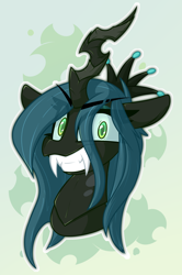 Size: 1326x2000 | Tagged: safe, artist:nekro-led, imported from derpibooru, queen chrysalis, changeling, changeling queen, abstract background, bust, canterlot wedding 10th anniversary, carapace, crown, eye clipping through hair, fangs, female, grin, horn, jewelry, looking at you, portrait, regalia, simple background, smiling, solo