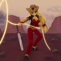 Size: 1280x1280 | Tagged: safe, artist:howxu, imported from derpibooru, applejack, human, equestria girls, boots, breasts, busty applejack, cleavage, clothes, commission, cowboy boots, cowboy hat, cowgirl, female, gloves, gritted teeth, hat, lasso, looking at you, motorcross, rope, shoes, solo, stetson, superhero, sword, teeth, weapon, wonder woman