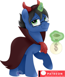 Size: 1280x1519 | Tagged: safe, artist:pure-blue-heart, imported from derpibooru, oc, oc:digital wrench, unicorn, bag, black mane, clothes, devil costume, glasses, green eyes, green magic, horn, magic, male, money bag, patreon, patreon logo, patreon reward, shading, simple background, stallion, transparent background, unicorn oc