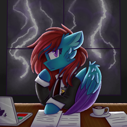 Size: 1000x1000 | Tagged: safe, artist:tater, imported from derpibooru, oc, oc only, pegasus, pony, cheek fluff, clothes, coffee, computer, cup, drink, ear fluff, female, laptop computer, looking at you, mare, necktie, paper, solo, wings