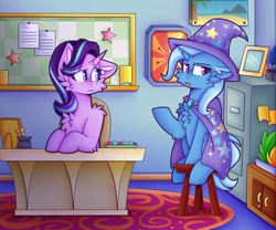 Size: 1200x1000 | Tagged: safe, artist:tater, imported from derpibooru, starlight glimmer, trixie, pony, unicorn, brooch, cape, cheek fluff, chest fluff, clothes, duo, duo female, ear fluff, female, frown, hat, horn, jewelry, looking at someone, mare, one ear down, open mouth, raised hoof, sitting, starlight's office, stars, trixie's brooch, trixie's cape, trixie's hat