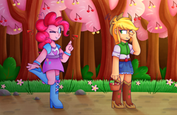 Size: 1280x832 | Tagged: safe, artist:tater, imported from derpibooru, applejack, pinkie pie, human, equestria girls, the last roundup, 2020, applejack's hat, cherry, cherry blossoms, cherry tree, chimicherrychanga, clothes, cowboy hat, duo, duo female, female, flower, flower blossom, food, hat, looking at each other, looking at someone, one eye closed, sakura pie, scene interpretation, tree