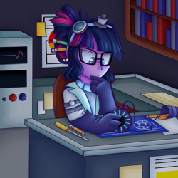 Size: 1280x1280 | Tagged: safe, artist:tater, imported from derpibooru, sci-twi, twilight sparkle, human, equestria girls, blueprint, bookshelf, female, glasses, magic capture device, pencil, screwdriver, solo