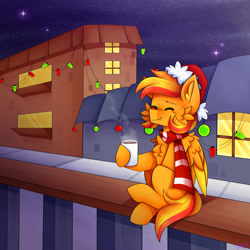 Size: 1280x1280 | Tagged: safe, artist:tater, imported from derpibooru, oc, oc only, pegasus, pony, cheek fluff, chest fluff, christmas, clothes, coffee, coffee mug, drink, ear fluff, eyes closed, hat, holiday, mug, santa hat, scarf, solo, steam, striped scarf, wings