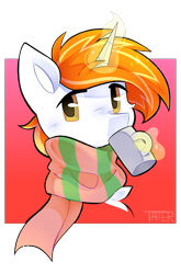 Size: 1338x2030 | Tagged: safe, artist:tater, imported from derpibooru, oc, oc only, pony, unicorn, bust, clothes, drink, drinking, horn, looking at you, magic, magic aura, male, mug, scarf, simple background, solo, stallion, striped scarf, telekinesis, transparent background