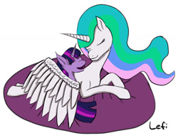 Size: 1332x1031 | Tagged: safe, artist:lefi32, imported from derpibooru, princess celestia, twilight sparkle, alicorn, pony, unicorn, colored sketch, eyes closed, horn, hug, missing accessory, momlestia, pillow, signature, simple background, sketch, smiling, white background, winghug, wings