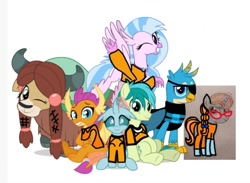 Size: 1080x791 | Tagged: safe, artist:ashertristaxx12, artist:jhayarr23, edit, imported from derpibooru, bright eyes, gallus, ocellus, sandbar, silverstream, smolder, yona, changeling, dragon, earth pony, griffon, hippogriff, unicorn, yak, 1000 hours in ms paint, clothes, group, group photo, group picture, happy, looking at someone, looking at you, looking up, one eye closed, prison outfit, prisoner, simple background, smiling, smiling at you, student six, white background