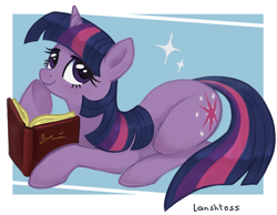 Size: 1120x870 | Tagged: safe, artist:lanshtoss, imported from derpibooru, twilight sparkle, pony, unicorn, aside glance, book, female, looking at you, lying down, mare, prone, raised hoof, smiling, solo, three quarter view, unicorn twilight