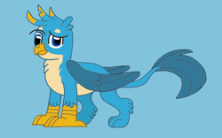 Size: 1024x640 | Tagged: safe, artist:mariosonicfan16, imported from derpibooru, gallus, griffon, blue background, looking at you, simple background, smiling, smiling at you, smirk, solo