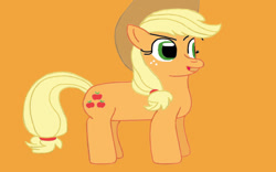 Size: 1024x640 | Tagged: safe, artist:mariosonicfan16, imported from derpibooru, applejack, earth pony, pony, looking at someone, looking at something, open mouth, orange background, simple background, smiling, smirk, solo