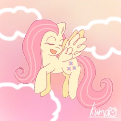Size: 2048x2048 | Tagged: safe, artist:oekakikumao, imported from derpibooru, fluttershy, pegasus, pony, cloud, eyes closed, female, gradient background, mare, open mouth, pink background, simple background, solo, wings, yellow background