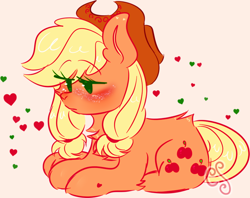 Size: 898x711 | Tagged: safe, artist:cutiesparke, imported from derpibooru, applejack, earth pony, pony, double mane, female, fluffy, heart, hoof heart, lying down, prone, simple background, sitting, solo, watermark