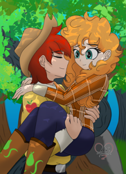 Size: 1549x2122 | Tagged: safe, artist:dibujoschidosdelabad, imported from derpibooru, bright mac, pear butter, human, boots, bridal carry, brightabetes, brightbutter, carrying, clothes, cute, eyes closed, female, hat, heart eyes, humanized, male, pearabetes, plaid shirt, shipping, shirt, shoes, straight, tree, wingding eyes