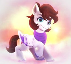 Size: 2195x1965 | Tagged: safe, artist:annaxeptable, artist:saveraedae, imported from derpibooru, oc, oc only, oc:markey malarkey, pegasus, pony, bandana, base used, cloud, eyebrows, folded wings, g5, lens flare, male, on a cloud, ponified, raised hoof, smiling, solo, stallion, standing on a cloud, sunset, the mark side, unshorn fetlocks, wings