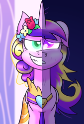 Size: 3660x5400 | Tagged: safe, artist:iceflower99, imported from derpibooru, princess cadance, queen chrysalis, a canterlot wedding, canterlot wedding 10th anniversary, clothes, dress, duo, duo female, evil grin, fake cadance, female, floppy ears, flower, flower in hair, grin, messy mane, smiling, this day aria, two sides, video at source, video in description, wedding dress