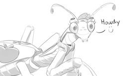 Size: 3222x1983 | Tagged: safe, artist:applephil, imported from derpibooru, applejack, insect, mantis, female, freckles, grayscale, howdy, insectified, monochrome, simple background, solo, species swap, white background