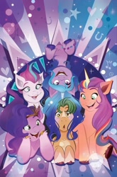 Size: 658x1000 | Tagged: safe, artist:nicoleta baldari, idw, imported from derpibooru, hitch trailblazer, izzy moonbow, pipp petals, sunny starscout, zipp storm, earth pony, pegasus, pony, unicorn, spoiler:comic, spoiler:g5comic, spoiler:g5comic01, comic, comic cover, female, g5, harem, hitch trailblazer gets all the mares, male, mane five (g5), mare, my little pony: a new generation, official, royal sisters (g5), siblings, sisters, stallion