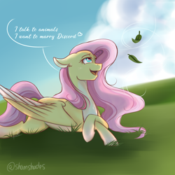 Size: 2500x2500 | Tagged: safe, artist:shamy-crist, imported from derpibooru, fluttershy, pegasus, pony, she talks to angel, dialogue, female, heart, high res, i want to marry discord, implied angel bunny, implied discoshy, implied shipping, implied straight, leaf, leaves, lying down, open mouth, open smile, prone, signature, smiling, solo, speech bubble, talking, wings