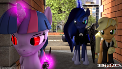 Size: 3840x2160 | Tagged: safe, artist:fireemerald123, imported from derpibooru, applejack, princess luna, twilight sparkle, alicorn, earth pony, 3d, alley, blood+, car, clothes, day, glowing, glowing eyes, katana, red eyes, road, shield, slit pupils, source filmmaker, suit, sword, tree, twilight sparkle (alicorn), weapon