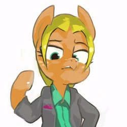 Size: 2500x2500 | Tagged: safe, artist:baigak, imported from derpibooru, applejack, earth pony, pony, alternate hairstyle, clothes, female, looking down, mare, shirt, simple background, solo, suit, white background