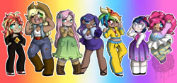 Size: 1280x597 | Tagged: safe, artist:blackinkyrose, imported from derpibooru, applejack, fluttershy, pinkie pie, rainbow dash, rarity, sci-twi, sunset shimmer, twilight sparkle, human, equestria girls, boots, breasts, cleavage, clothes, dark skin, dress, female, glasses, humane five, humane seven, humane six, pants, rainbow background, sandals, shoes, skirt, socks, tongue out